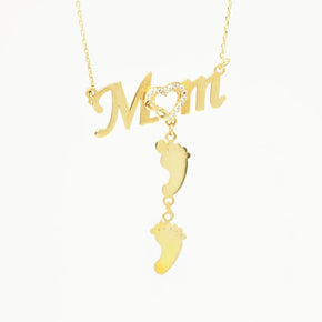 14K Gold “Mom” Necklace with Baby Feet and Heart Detail