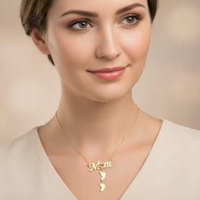 14K Gold “Mom” Necklace with Baby Feet and Heart Detail