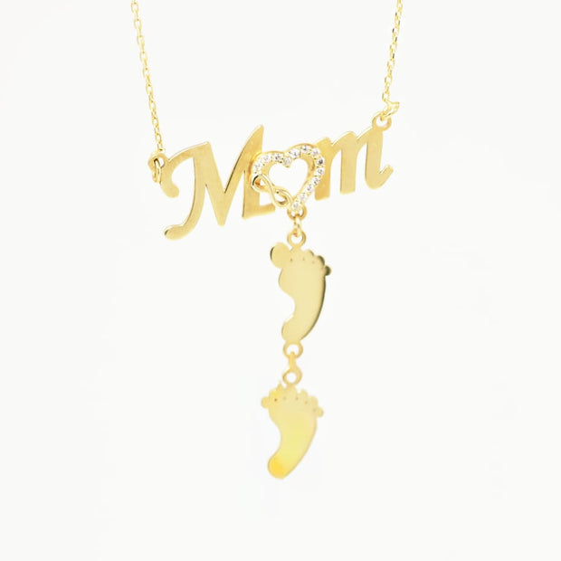 14K Gold “Mom” Necklace with Baby Feet and Heart Detail