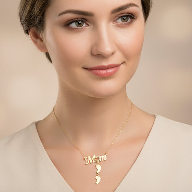 14K Gold “Mom” Necklace with Baby Feet and Heart Detail