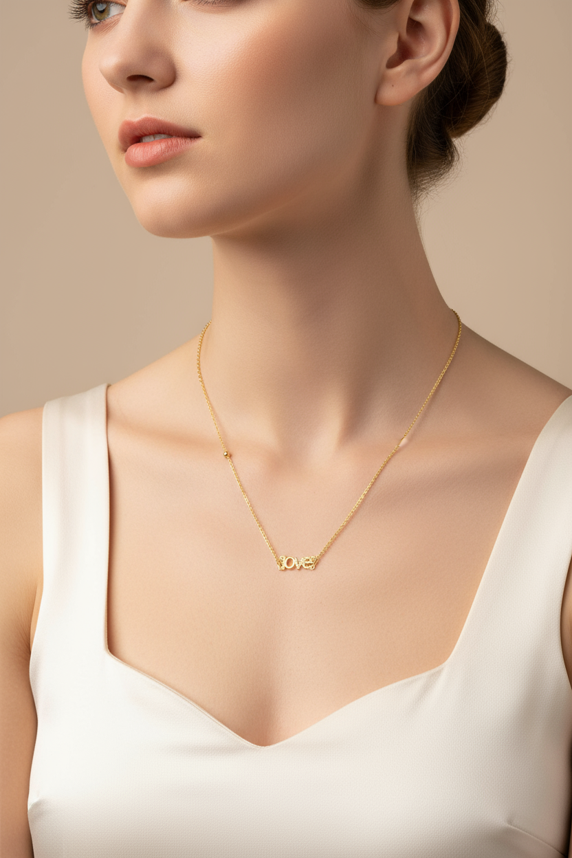 14K Gold “LOVE” Necklace – Elegant Design with Partial Double Chain