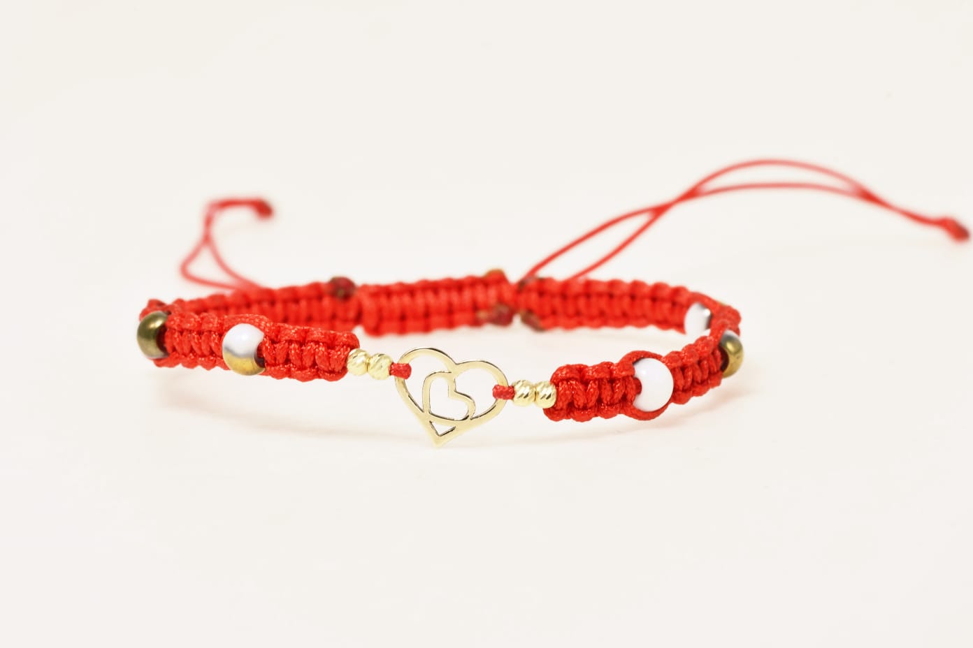 14K Gold Red Cord Bracelet – Double Heart Charm