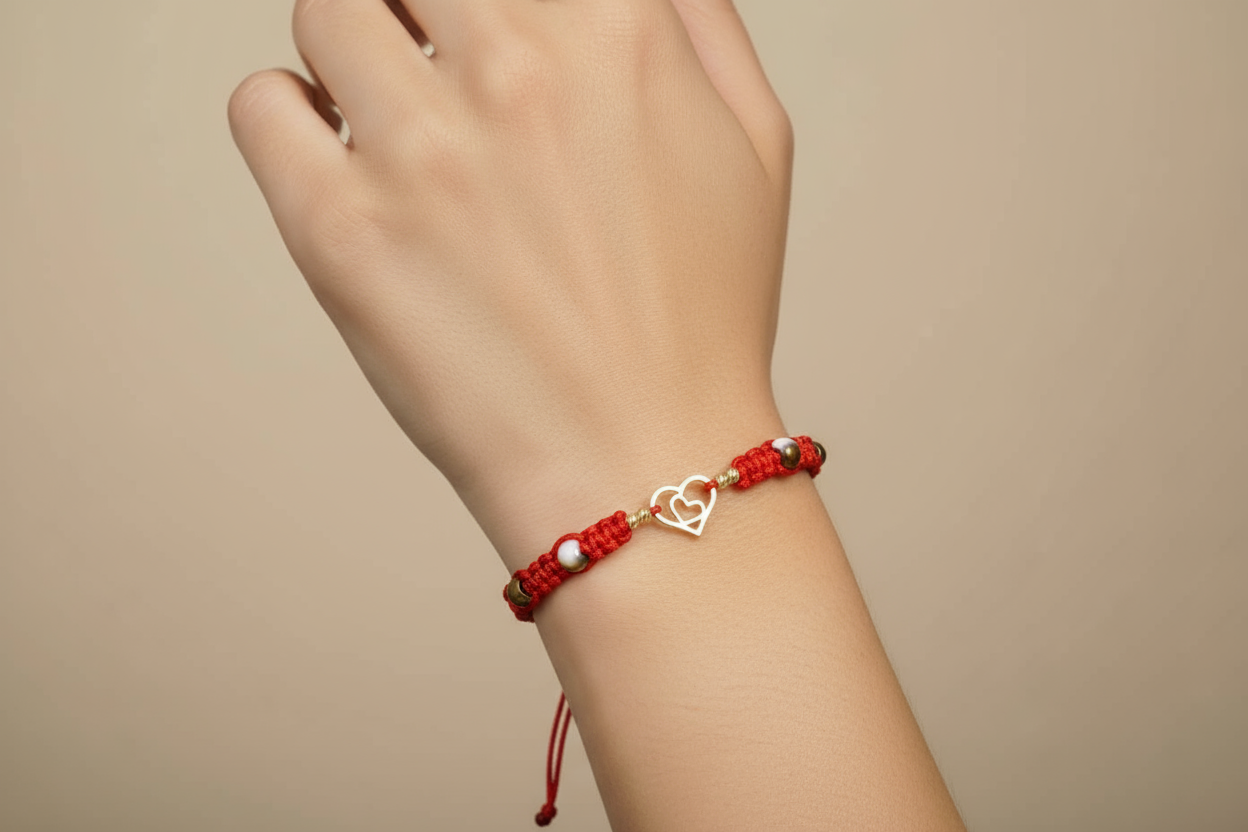 14K Gold Red Cord Bracelet – Double Heart Charm