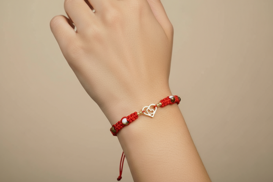 14K Gold Red Cord Bracelet – Double Heart Charm