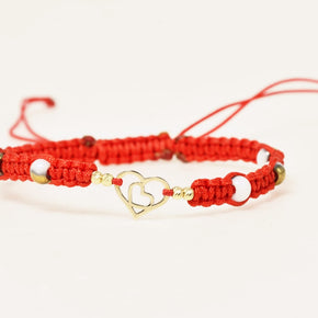 14K Gold Red Cord Bracelet – Double Heart Charm