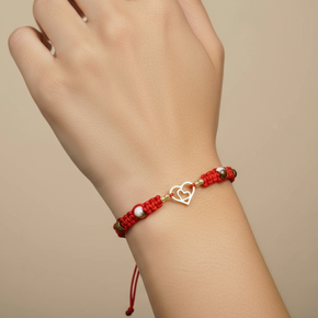 14K Gold Red Cord Bracelet – Double Heart Charm