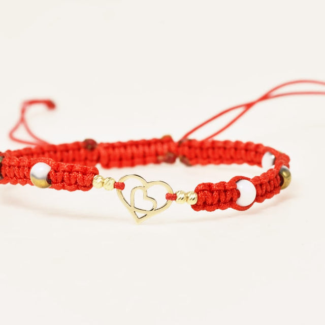 14K Gold Red Cord Bracelet – Double Heart Charm
