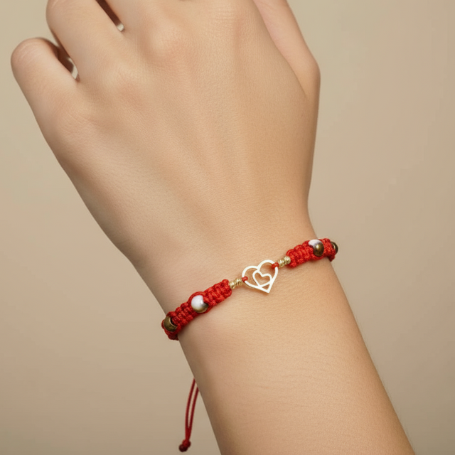 14K Gold Red Cord Bracelet – Double Heart Charm