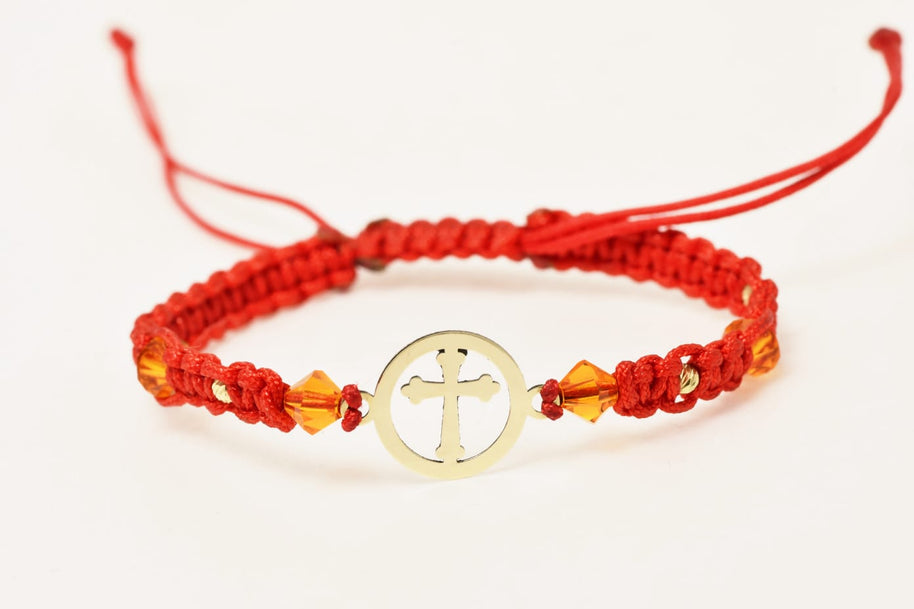 14K Gold Red Cord Bracelet – Cross Charm with Orange Crystals
