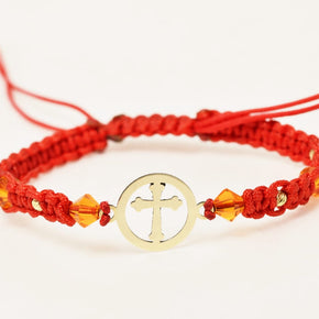 14K Gold Red Cord Bracelet – Cross Charm with Orange Crystals