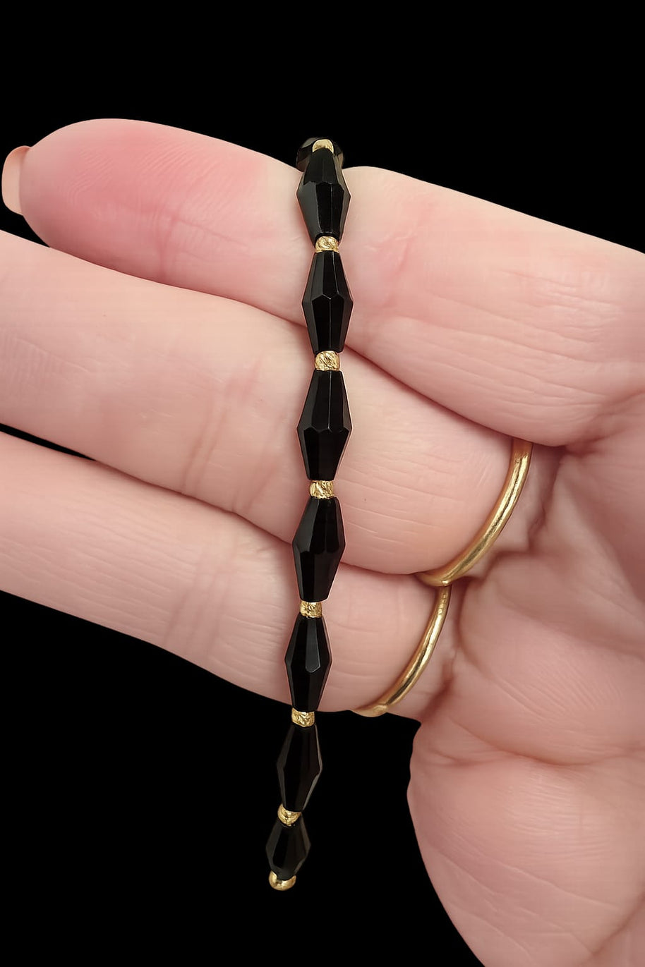 Black Beaded Bracelet with 14K Gold Details (585)