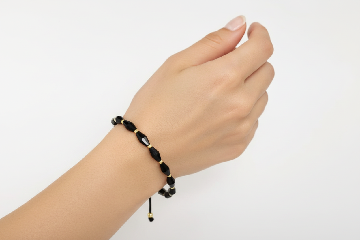 Black Beaded Bracelet with 14K Gold Details (585)