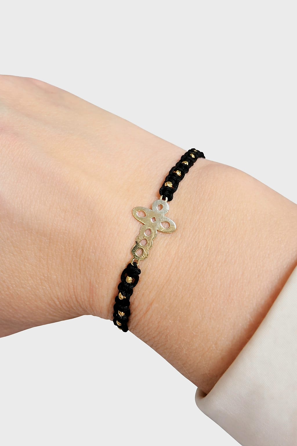Black Macrame Bracelet with Cross Charm – 14K Gold (585)