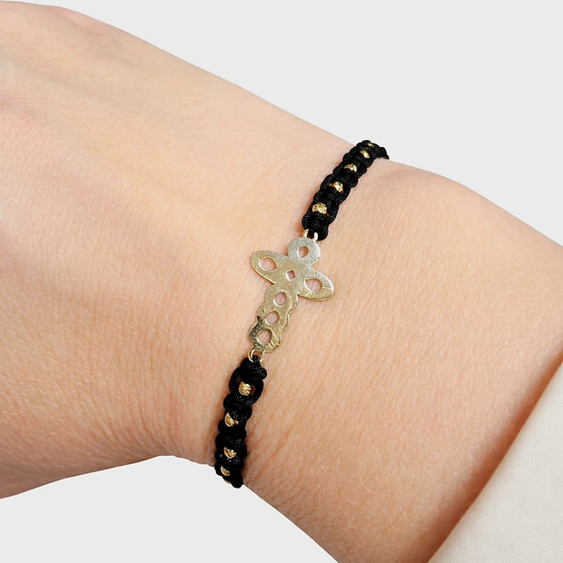 Black Macrame Bracelet with Cross Charm – 14K Gold (585)