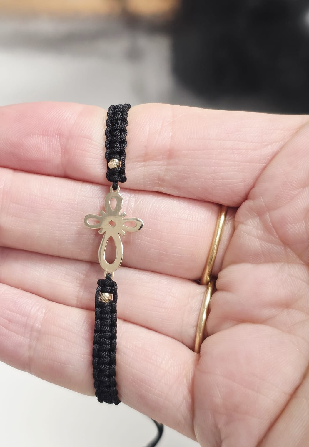 Black Macrame Bracelet with Cross Charm – 14K Gold (585)