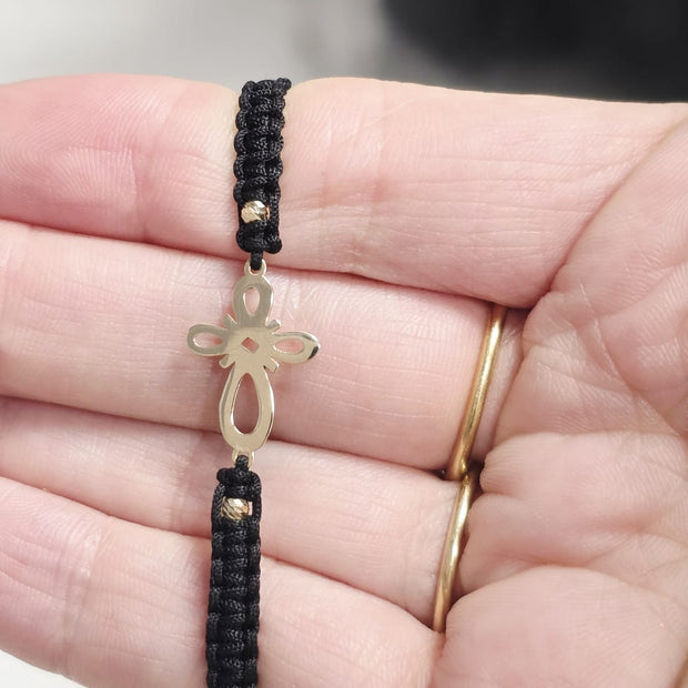 Black Macrame Bracelet with Cross Charm – 14K Gold (585)