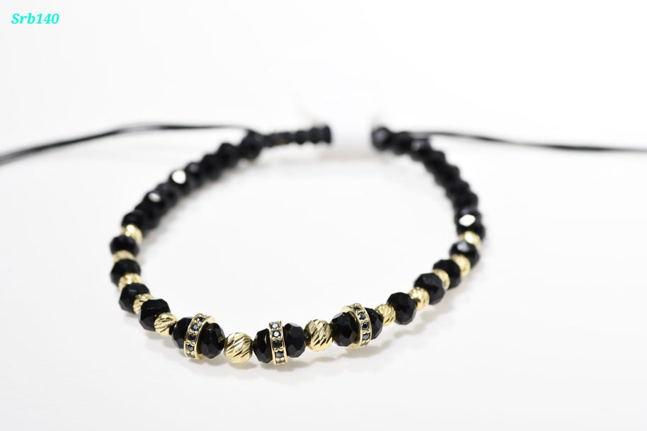Black Onyx Macrame Bracelet with 14K Gold &amp; Zircon Details (585)