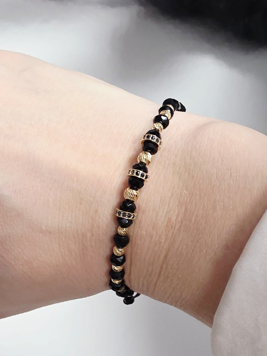 Black Onyx Macrame Bracelet with 14K Gold & Zircon Details (585)