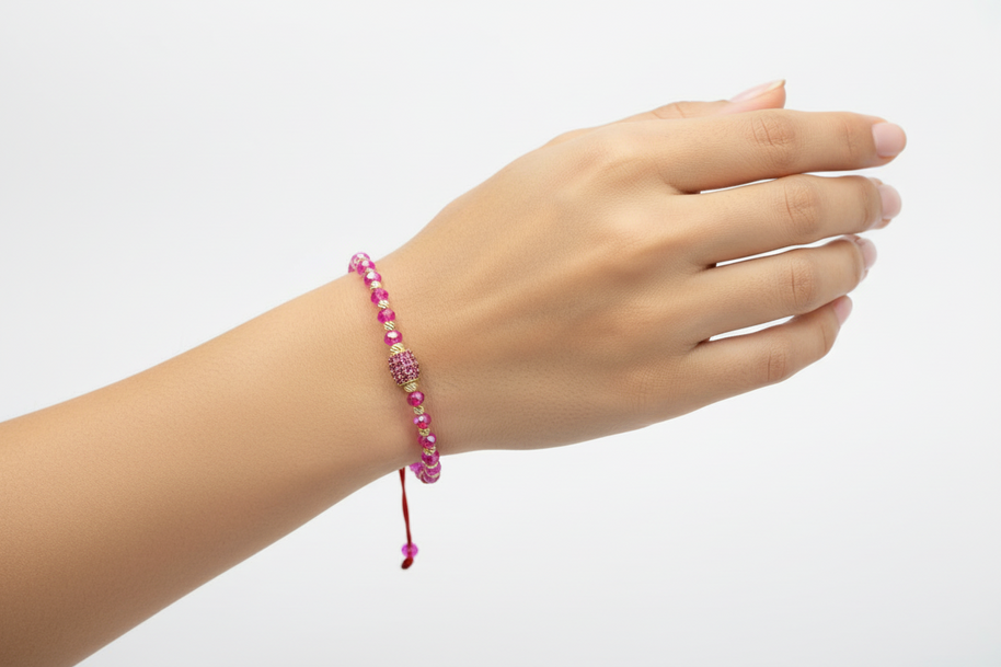 Pink Crystal Macrame Bracelet with 14K Gold &amp; Zircon Centrepiece (585)