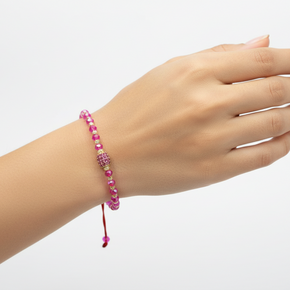 Pink Crystal Macrame Bracelet with 14K Gold & Zircon Centrepiece (585)