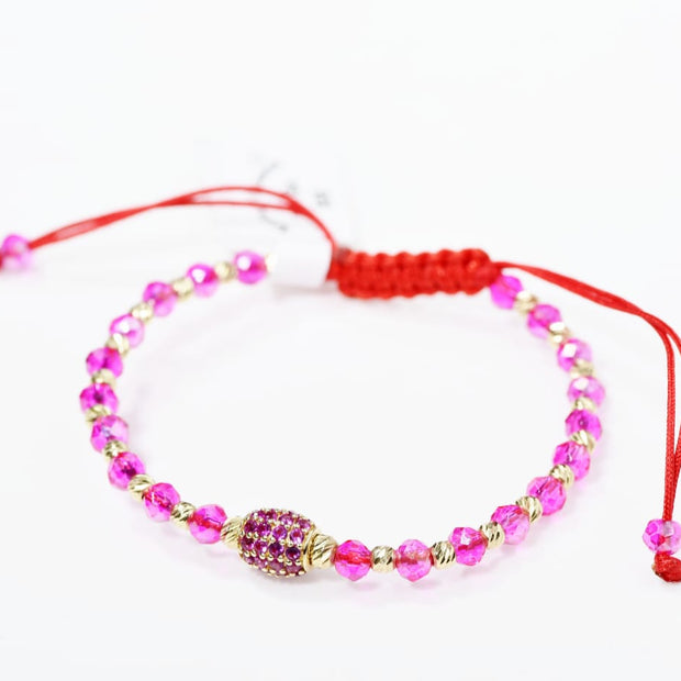 Pink Crystal Macrame Bracelet with 14K Gold &amp; Zircon Centrepiece (585)