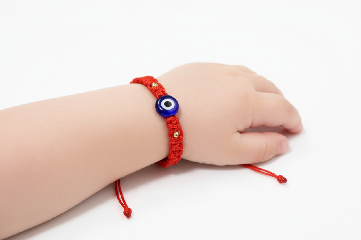 Red Macrame Evil Eye Bracelet with 14K Gold (585)