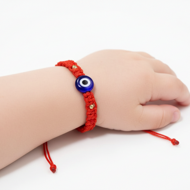 Red Macrame Evil Eye Bracelet with 14K Gold (585)