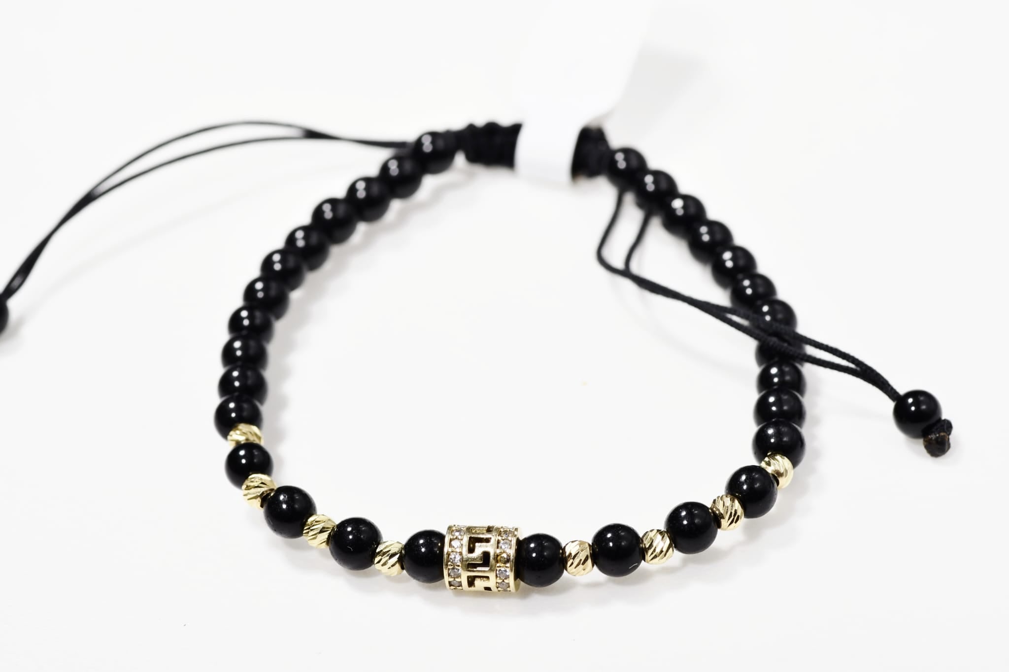 Black Onyx Macrame Bracelet with 14K Gold & Zircon Centrepiece (585)