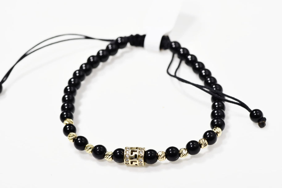 Black Onyx Macrame Bracelet with 14K Gold &amp; Zircon Centrepiece (585)