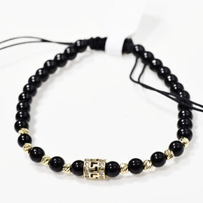 Black Onyx Macrame Bracelet with 14K Gold & Zircon Centrepiece (585)