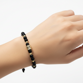 Black Onyx Macrame Bracelet with 14K Gold & Zircon Centrepiece (585)