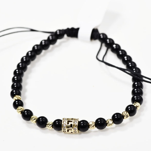 Black Onyx Macrame Bracelet with 14K Gold &amp; Zircon Centrepiece (585)