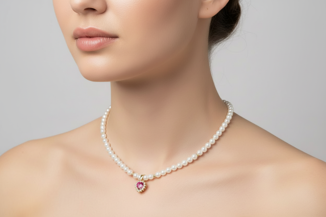 Pearl Necklace with Heart Pendant – 14K Gold (585) & Zircon Details
