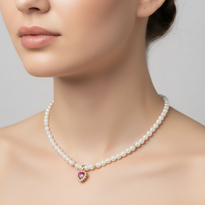 Pearl Necklace with Heart Pendant – 14K Gold (585) & Zircon Details