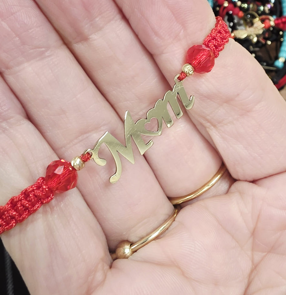 Red Macrame “Mom” Bracelet – 14K Gold (585)