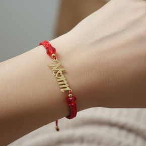 Red Macrame “Mom” Bracelet – 14K Gold (585)