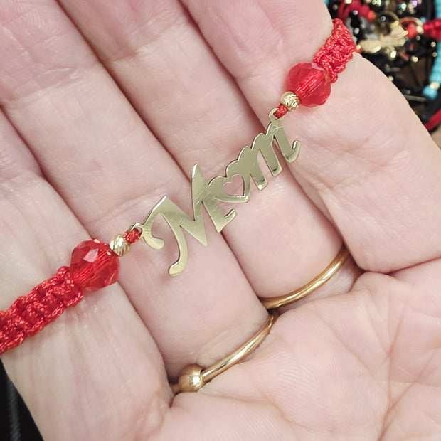 Red Macrame “Mom” Bracelet – 14K Gold (585)