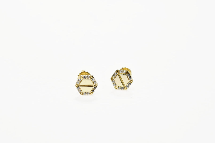14K Gold Baby Hexagon Stud Earrings with Cubic Zirconia | Screw Back