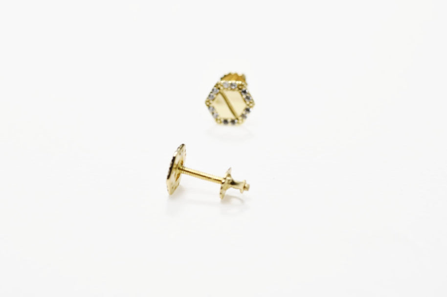 14K Gold Baby Hexagon Stud Earrings with Cubic Zirconia | Screw Back
