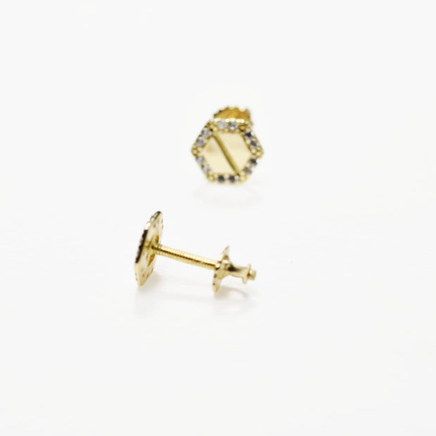 14K Gold Baby Hexagon Stud Earrings with Cubic Zirconia | Screw Back
