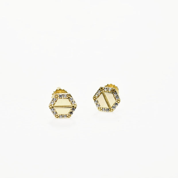 14K Gold Baby Hexagon Stud Earrings with Cubic Zirconia | Screw Back