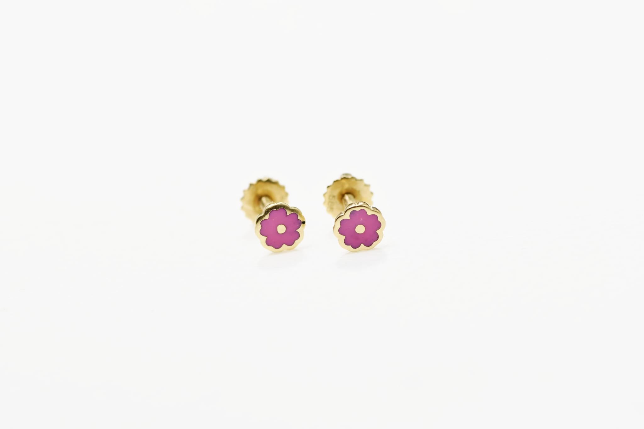 14K Gold Baby Flower Stud Earrings (Pink Enamel) | Screw Back | 585