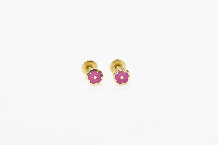 14K Gold Baby Flower Stud Earrings (Pink Enamel) | Screw Back | 585