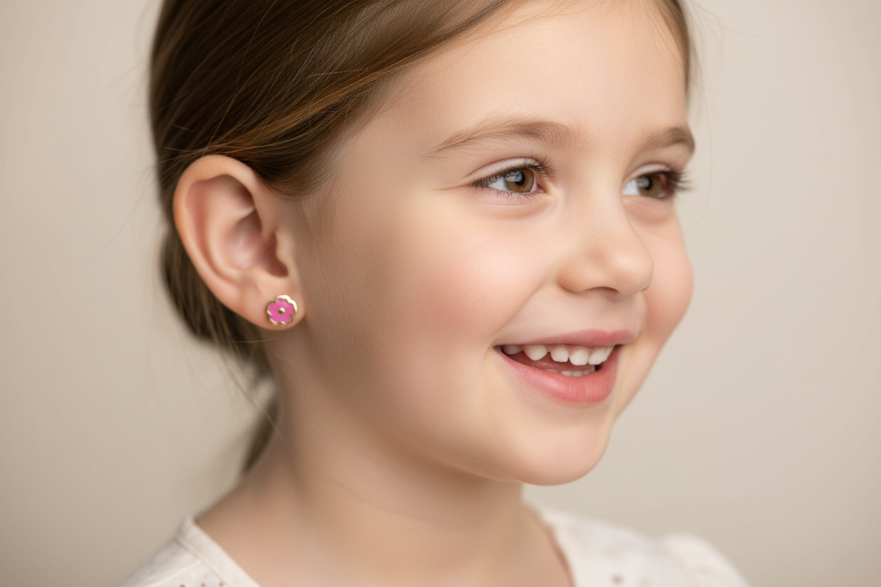 14K Gold Baby Flower Stud Earrings (Pink Enamel) | Screw Back | 585