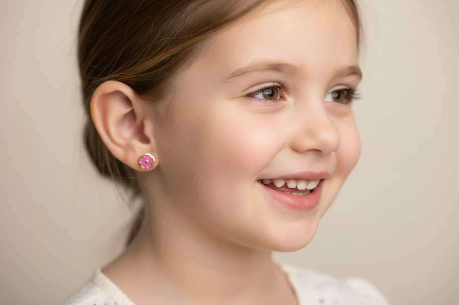 14K Gold Baby Flower Stud Earrings (Pink Enamel) | Screw Back | 585
