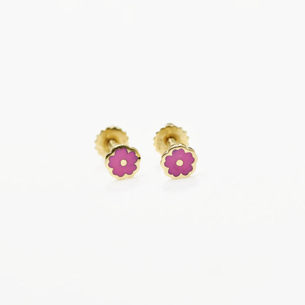 14K Gold Baby Flower Stud Earrings (Pink Enamel) | Screw Back | 585