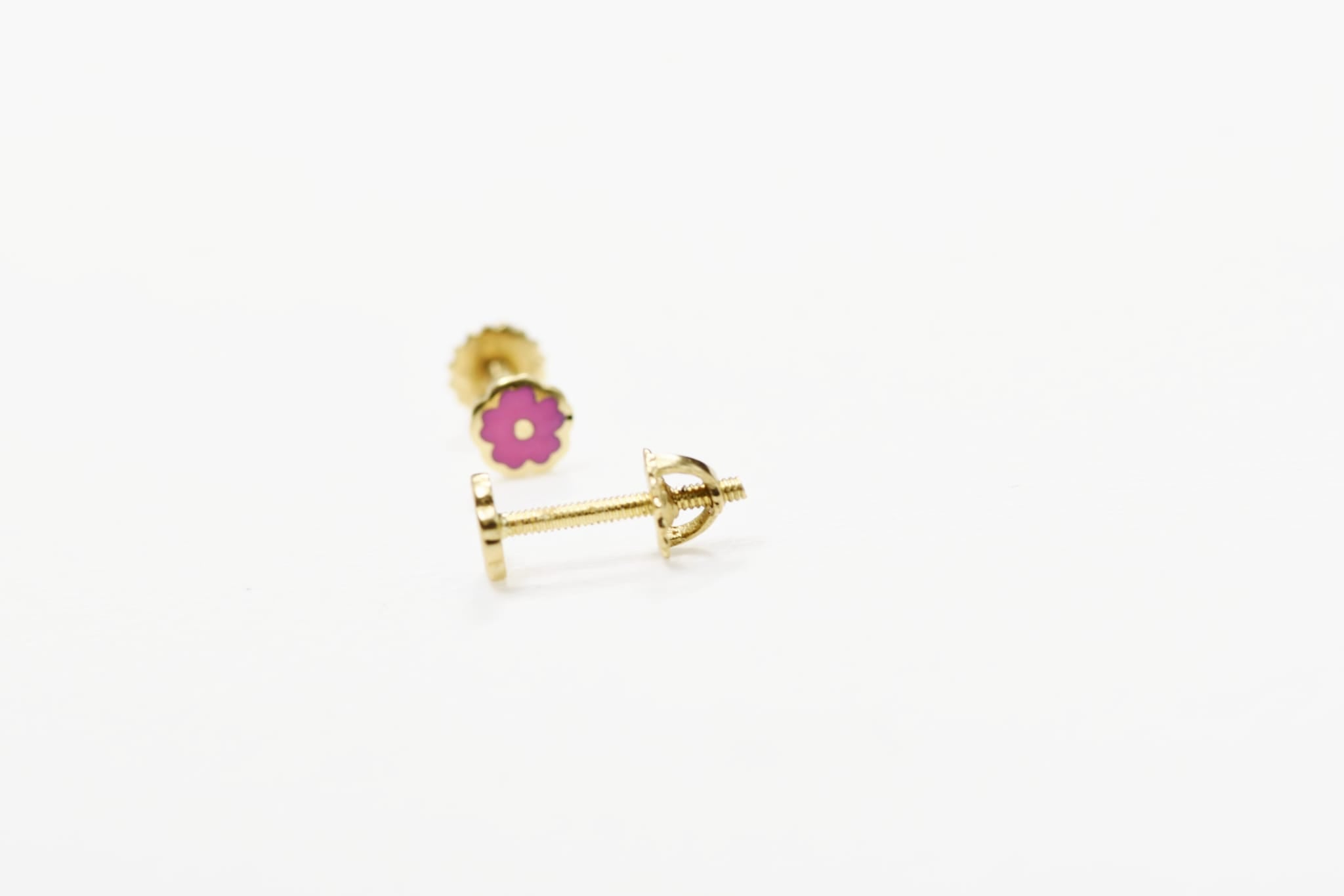 14K Gold Baby Flower Stud Earrings (Pink Enamel) | Screw Back | 585