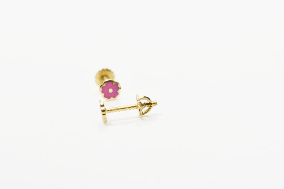 14K Gold Baby Flower Stud Earrings (Pink Enamel) | Screw Back | 585