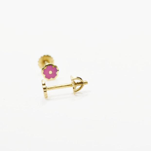 14K Gold Baby Flower Stud Earrings (Pink Enamel) | Screw Back | 585