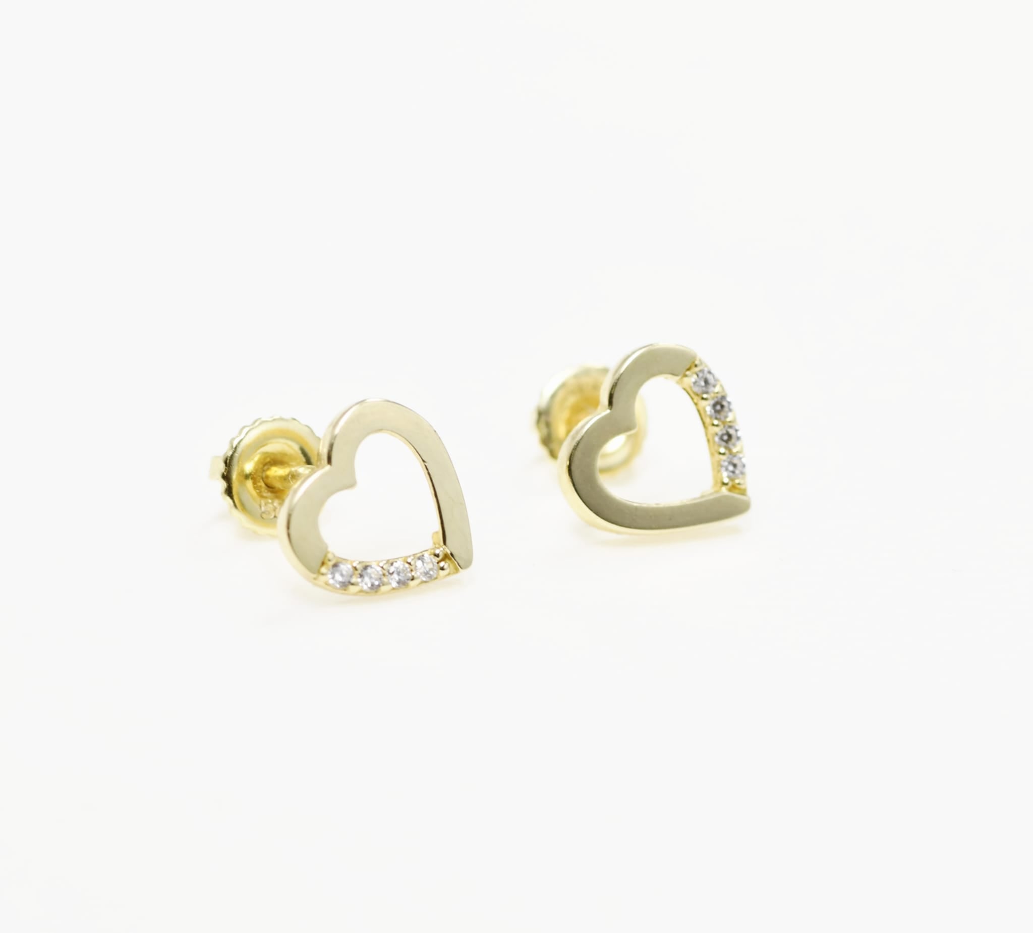14K Gold Heart Stud Earrings with Cubic Zirconia | Baby Screw Back | 585